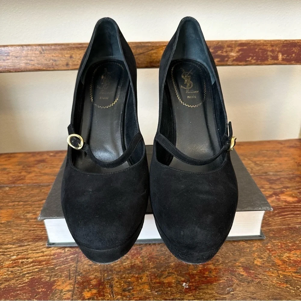 YSL Yves Saint Laurent Black Suede Platform Mary Jane Heels Shoes - Picture 8 of 16